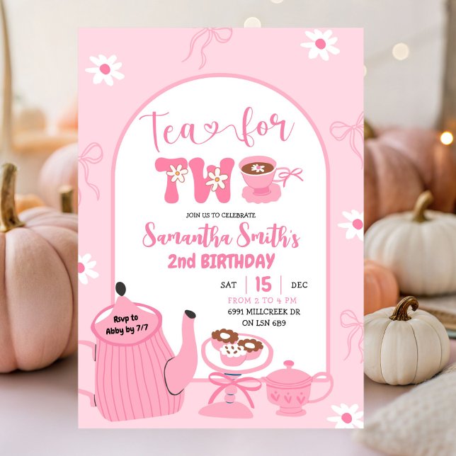 Pink Coquette Whimsical Retro Tea 2nd Birthday Invitation (Creator Uploaded)