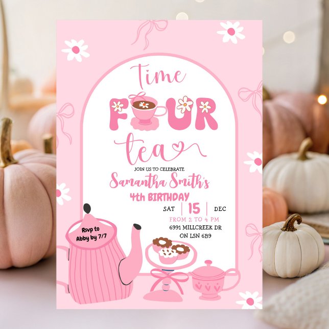 Pink Coquette Whimsical Retro Tea 4th Birthday Invitation (Creator Uploaded)