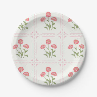 Pink, Coral and Green Poppy Flowers Paper Plate