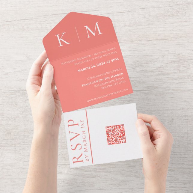 Pink Coral and White-Monogram-Modern-Wedding- All In One Invitation (Tearaway)