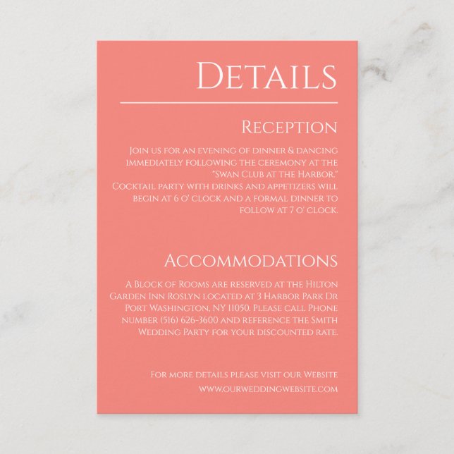 Pink Coral and White-Wedding Details- Enclosure Card (Front)