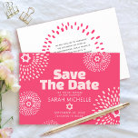 Pink Coral Bat Mitzvah Bold Starburst Cool Modern Save The Date<br><div class="desc">Make sure all your friends and relatives will be able to celebrate your daughter’s milestone Bat Mitzvah! Send out this fun, boho retro, personalised “Save the Date” announcement card. Retro white and blush pink flower starbursts with Stars of David, as well as bold modern blush pink and white sans serif...</div>