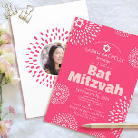 Pink Coral Bat Mitzvah Photo Bold Starburst Groovy Invitation<br><div class="desc">Be proud, rejoice and showcase this milestone of your favourite Bat Mitzvah with this fun, trendy, groovy, personalised invitation! Retro white and blush pink flower starbursts with Stars of David, as well as bold modern blush pink and white sans serif typography, overlay a bright coral pink background. On the back,...</div>