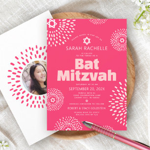 Pink Coral Bat Mitzvah Photo Starburst Bold Groovy Invitation