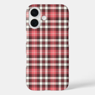 Pink Coral, Black and White Girly Plaid iPhone 16 Case