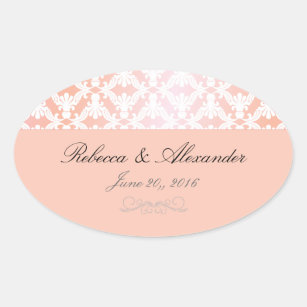 Pink & Coral Damask Wedding Oval Sticker