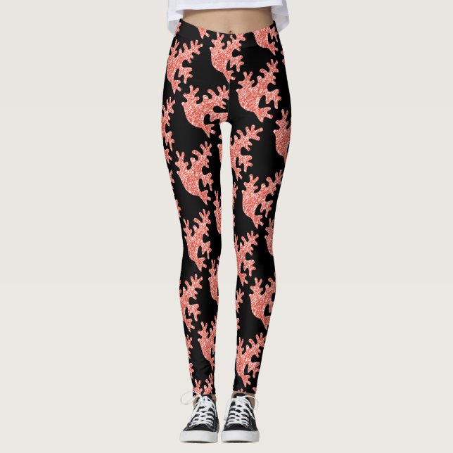 Pink coral dark glitter sparkles black pattern leggings (Front)