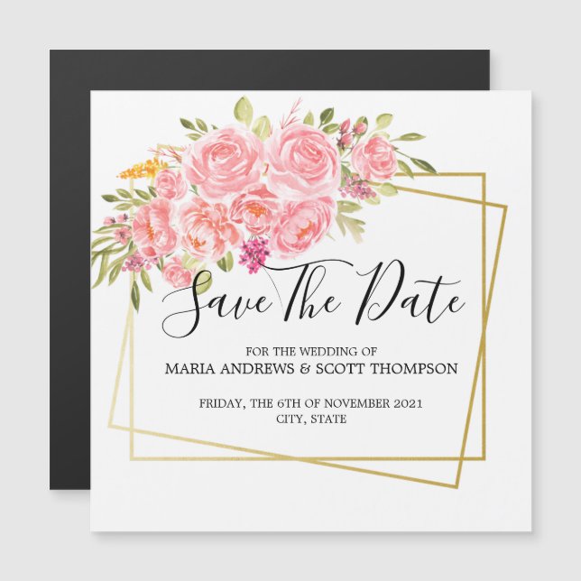Pink Coral Floral and Gold Save The Date Magnet (Front/Back)