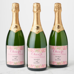 Pink Coral Floral and Gold  Sparkling Wine Label