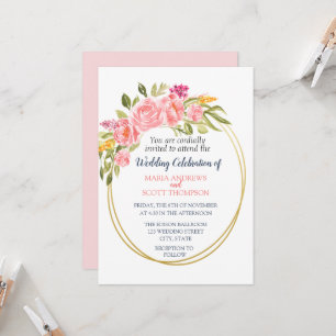 Pink Coral Floral and Gold Wedding Invitation