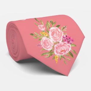 Pink Coral Floral Father of the Bride Neck Tie