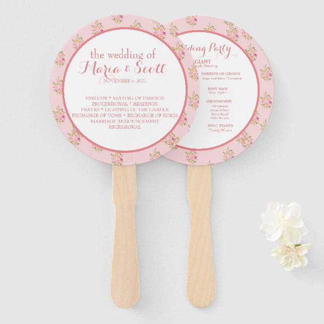 Pink Coral Floral Wedding Details  Hand Fan (Front and Back)