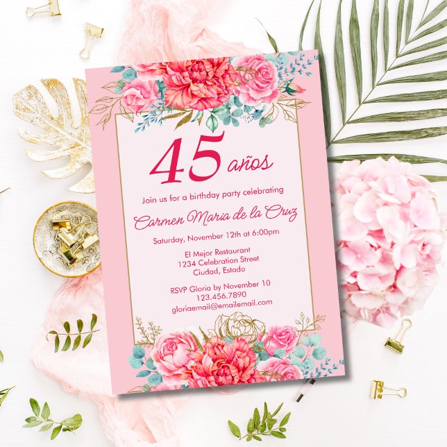 Pink Coral Florals Spanish 45th Birthday Party Invitation (Creator Uploaded)