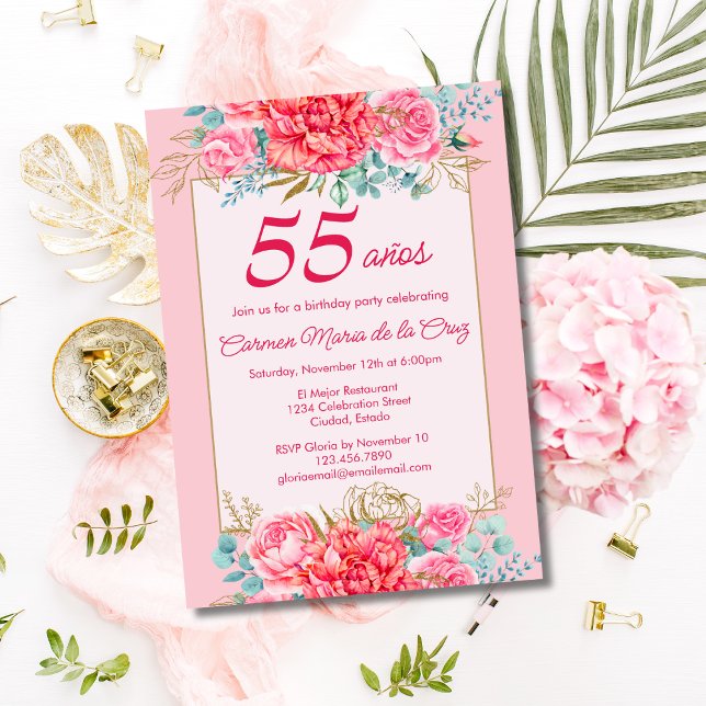 Pink Coral Florals Spanish 55th Birthday Party Invitation (Creator Uploaded)