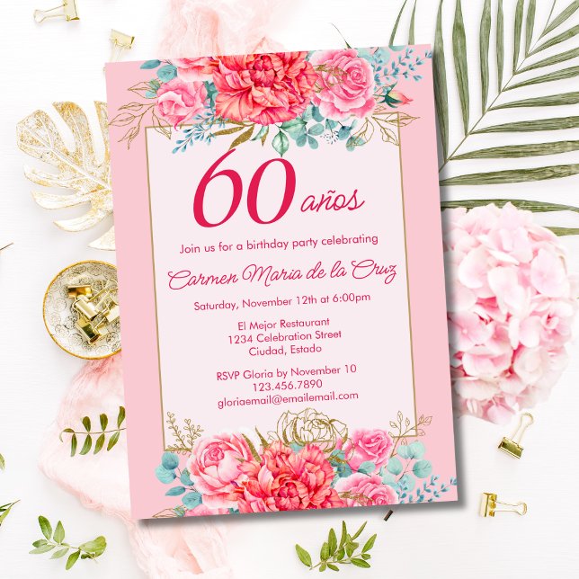 Pink Coral Florals Spanish 60th Birthday Party Invitation (Creator Uploaded)