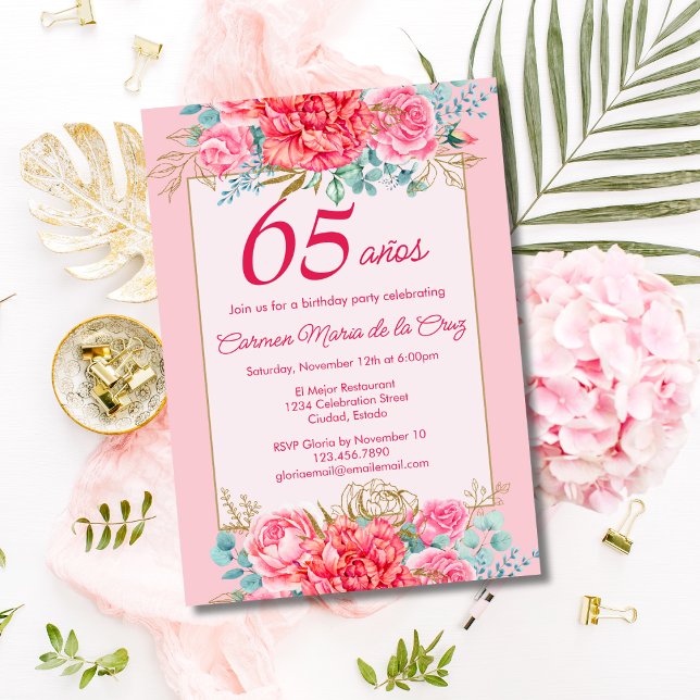 Pink Coral Florals Spanish 65th Birthday Party Invitation (Creator Uploaded)