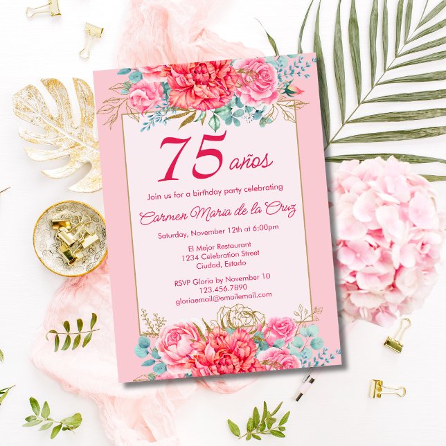 Pink Coral Florals Spanish 75th Birthday Party Invitation (Creator Uploaded)