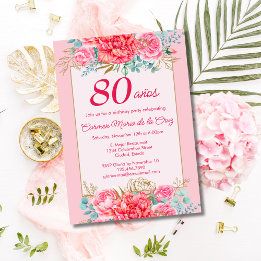 Pink Coral Florals Spanish 80th Birthday Party Invitation