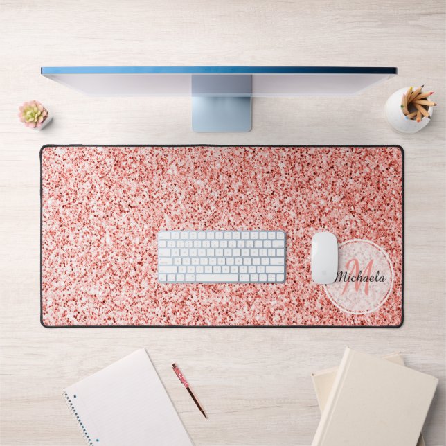 Pink coral light pastel sparkles bling Monogram Desk Mat (Office 1)