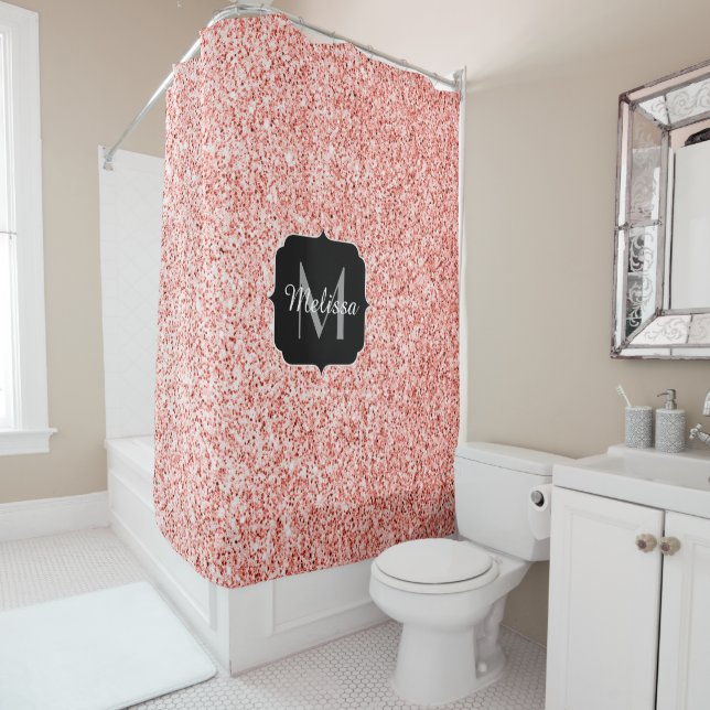 Pink coral light pastel sparkles bling Monogram Shower Curtain (In Situ)