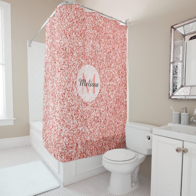 Pink coral light pastel sparkles bling Monogram Shower Curtain (In Situ)