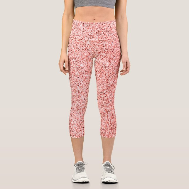 Pink coral light pastel sparkles glitter bling  capri leggings (Front)