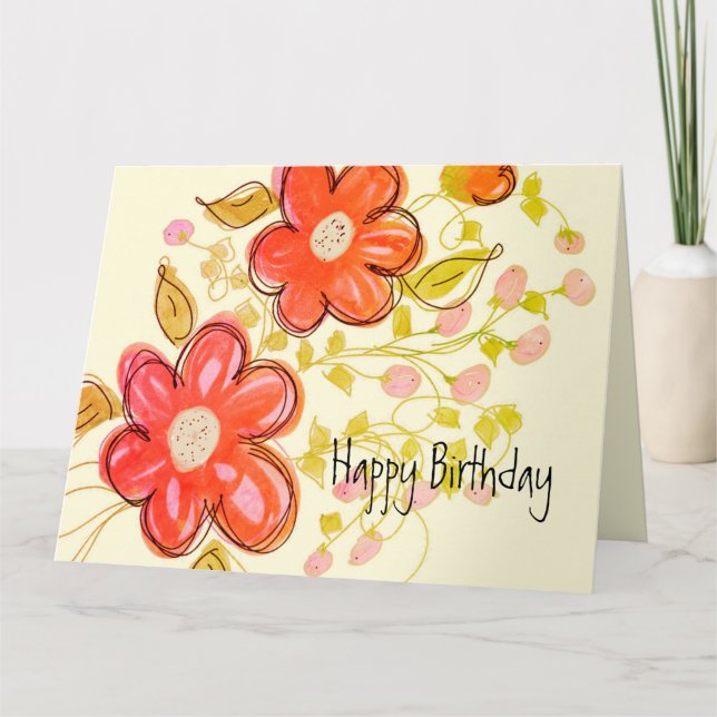 Pink Coral Orange Flowered Folded Birthday Card (Front)