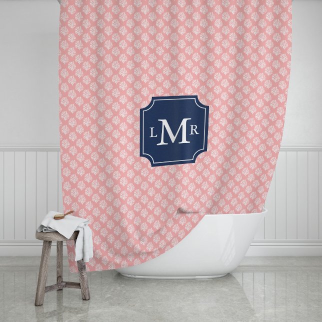 Pink Coral Reef Blue 3-Letter Monogram Shower Curtain (Creator Uploaded)