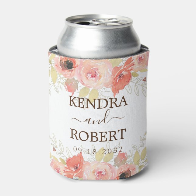 Pink Coral Rose and Gold Leaves Floral Wedding Can Cooler (Can Front)