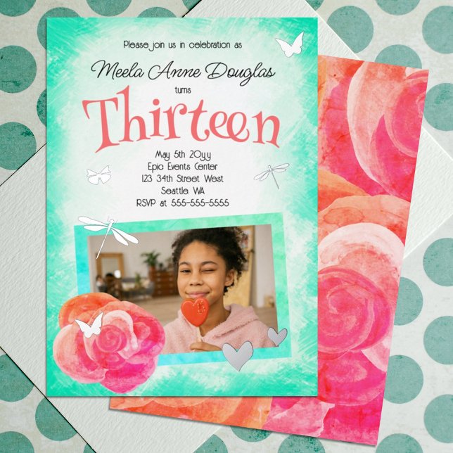 Pink, Coral Rose, Turquoise Photo Birthday (Cute Pink, Coral, Turquoise Rose, Silver Dragonflies, Dragonflies Bat Mitzvah 13th Invitation)