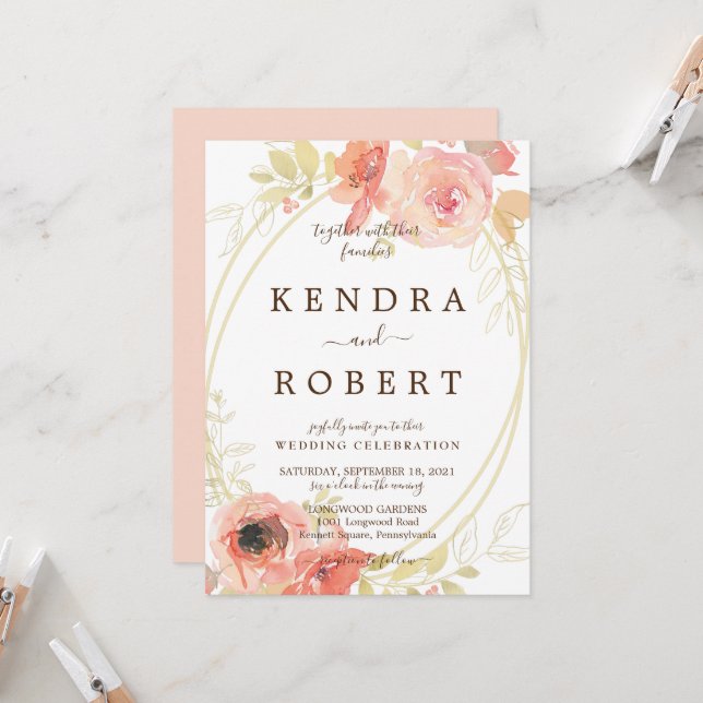 Pink Coral Roses & Gold Ovals Wedding  Invitation (Front/Back In Situ)
