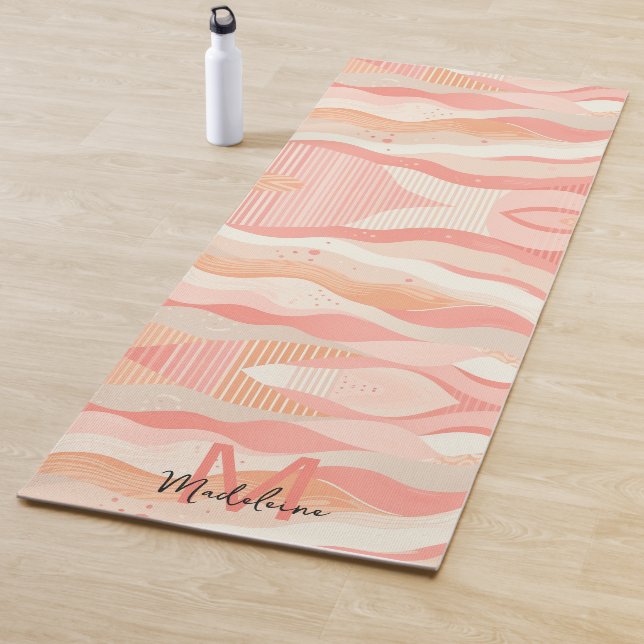 Pink Coral Stripes Waves Pattern Name Monogram Yoga Mat (In Situ)