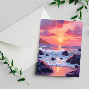 Pink Coral Sunset Ocean Waves Watercolor Card