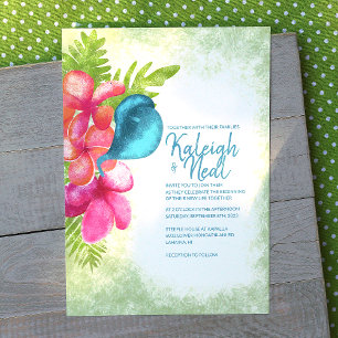 Pink, Coral, Tropical Teal Wedding Invitation