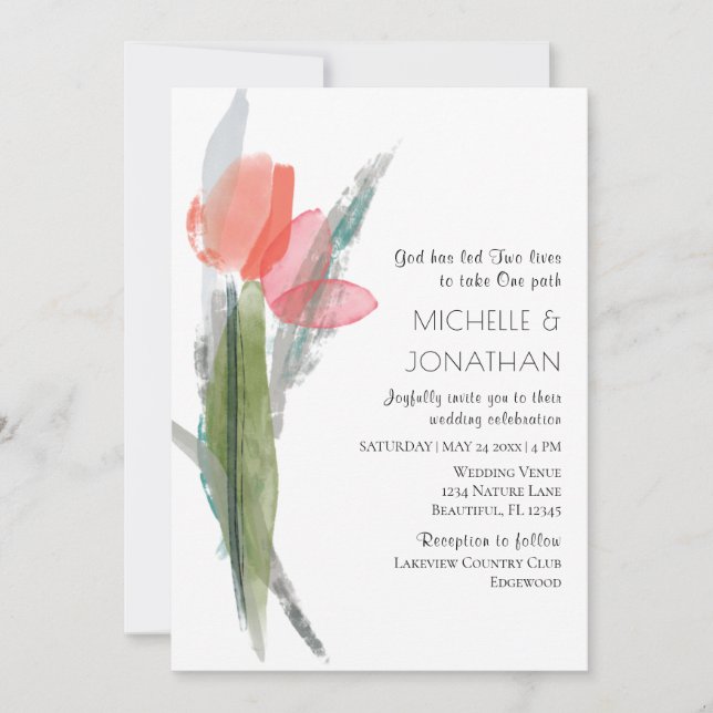 Pink Coral Tulips Modern Floral Christian Wedding Invitation (Front)