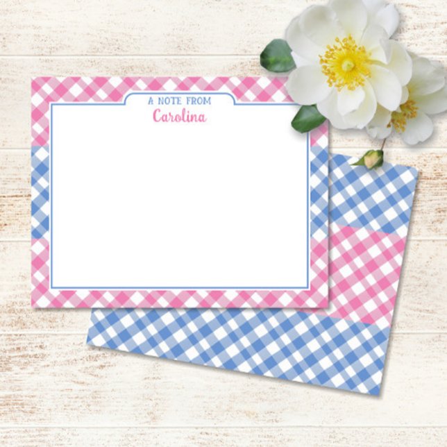 Pink & Cornflower Blue Preppy Gingham Stationery Card (Pink & Cornflower Blue Gingham Flat Note Cards)