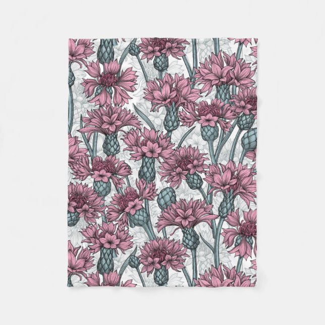 Pink cornflowers, wild flowers on white fleece blanket (Front)