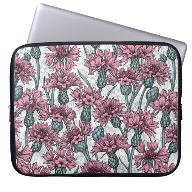 Pink cornflowers, wild flowers on white laptop sleeve (Front)