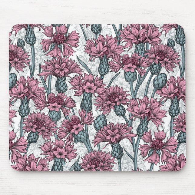 Pink cornflowers, wild flowers on white mouse pad (Front)
