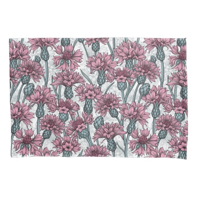 Pink cornflowers, wild flowers on white pillowcase (Front-Left)