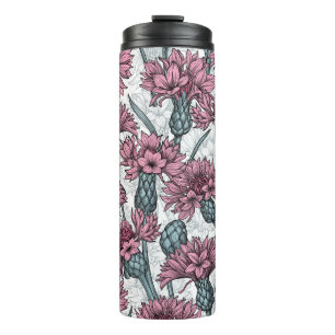 Pink cornflowers, wild flowers on white thermal tumbler