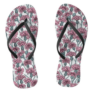 Pink cornflowers, wild flowers on white thongs