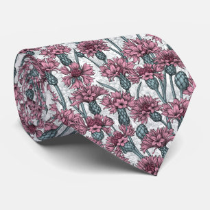 Pink cornflowers, wild flowers on white tie