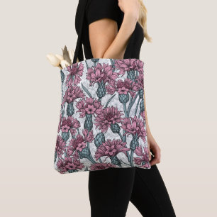 Pink cornflowers, wild flowers on white tote bag