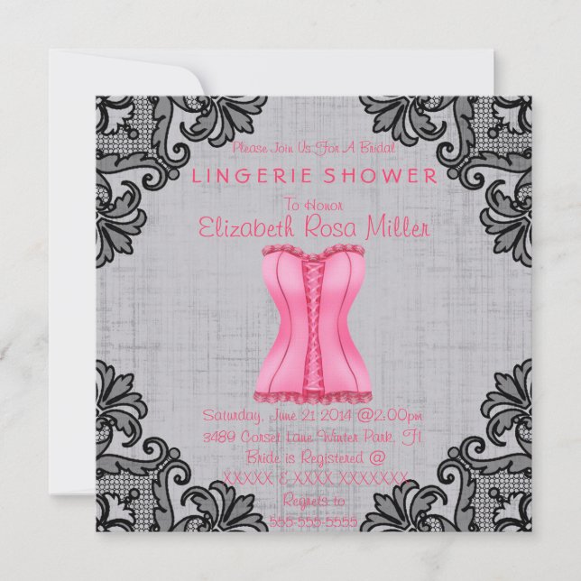 Pink Corset & Black Lace Lingerie Bridal Shower Invitation (Front)