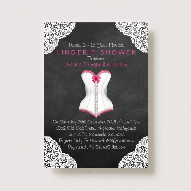 Pink Corset White Lace Chalkboard Lingerie Shower Invitation (Creator Uploaded)