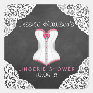 Pink Corset White Lace Chalkboard Lingerie Shower Square Sticker