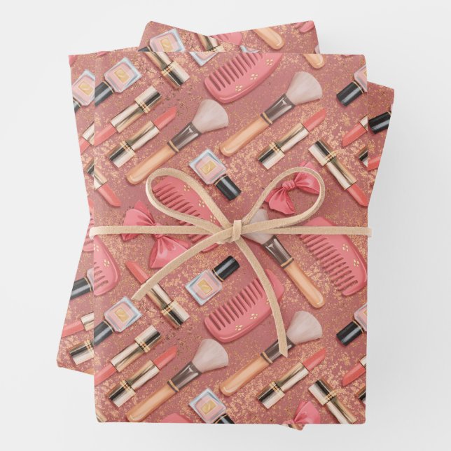 Pink Cosmetics Pattern Glitter  Wrapping Paper Sheet (In situ)