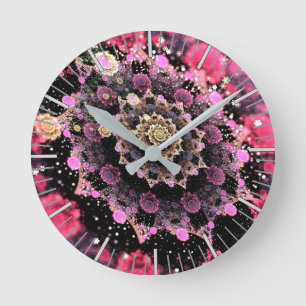 Pink Cosmic Burst Fractal Round Clock