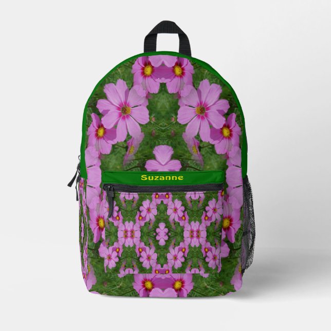 Pink Cosmos Daisy Flowers Abstract Personalised Printed Backpack (Front)
